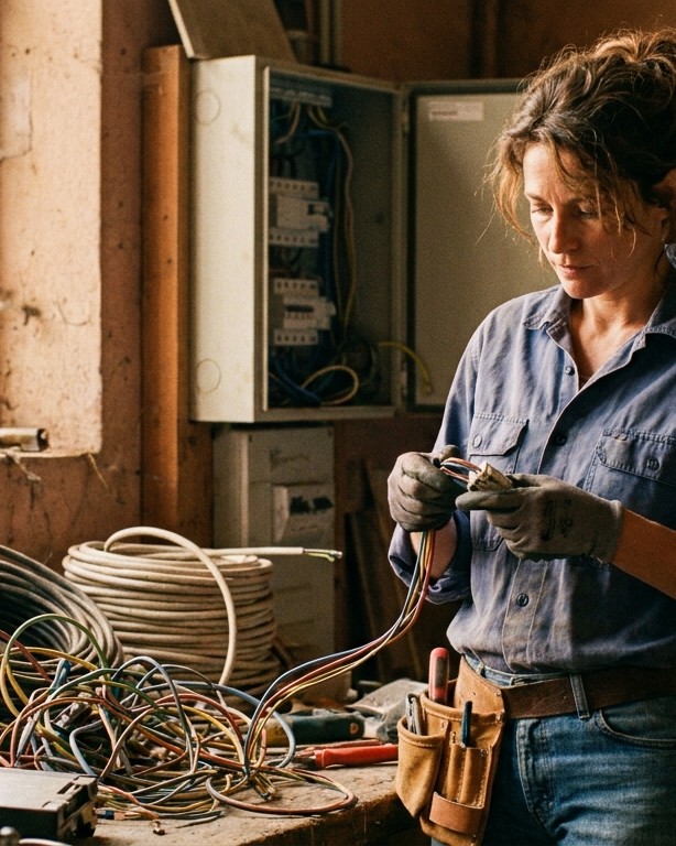 Sophie Martin, électricienne, dénudant des câbles devant un tableau électrique ouvert
