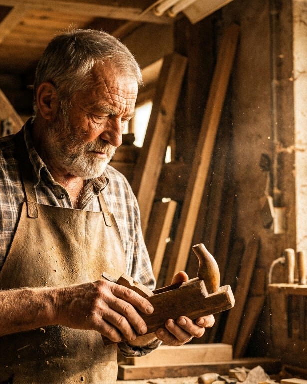 Jean-Luc Moreau, menuisier, examinant son rabot dans son atelier de bois