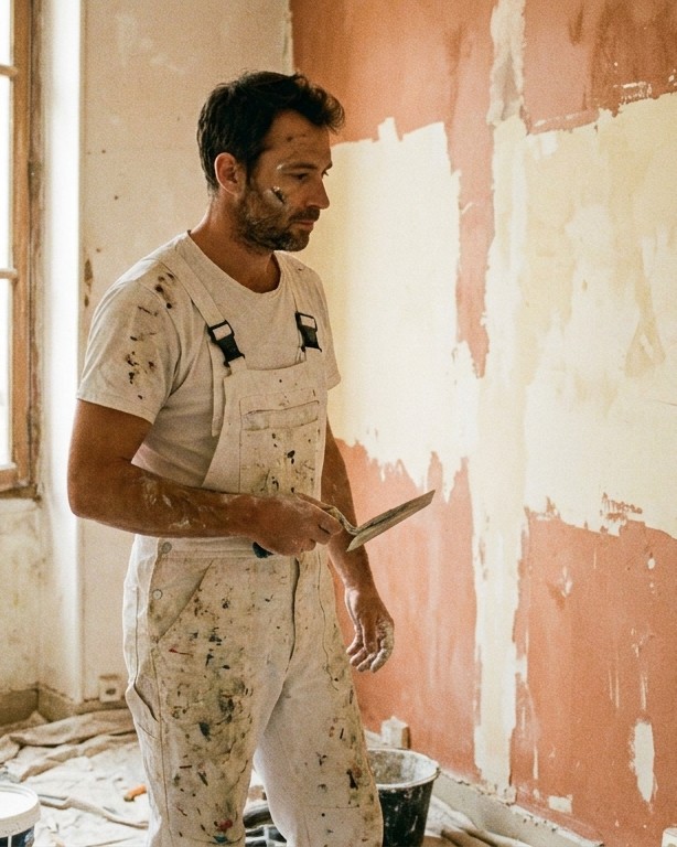 Karim Bensaïd, peintre en bâtiment, taloche à la main devant un mur en cours d'enduit