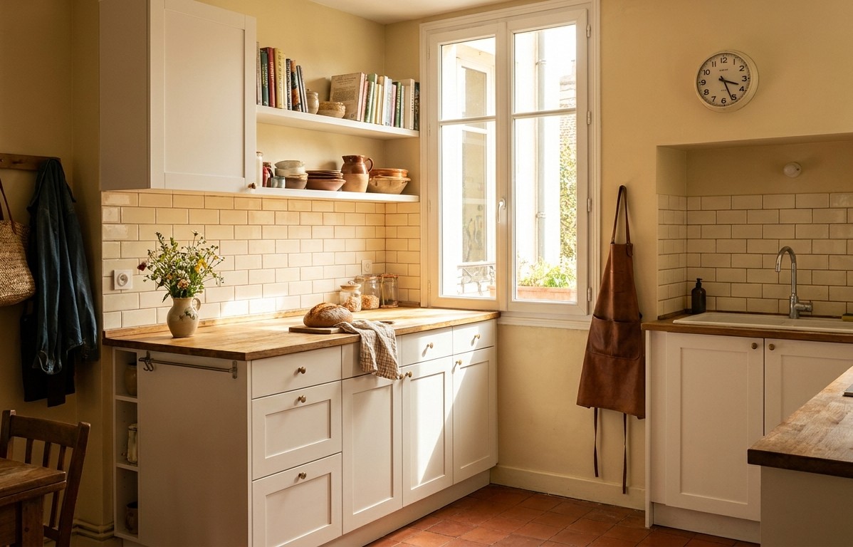 Cuisine rénovée lumineuse avec carrelage métro, plan de travail en bois et tomettes au sol