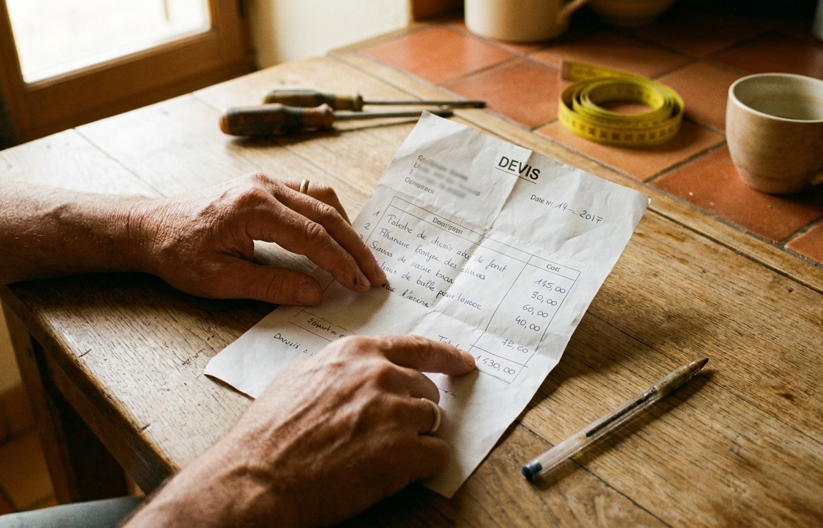 Mains d'artisan relisant un devis manuscrit posé sur une table en bois, mètre et tournevis à côté