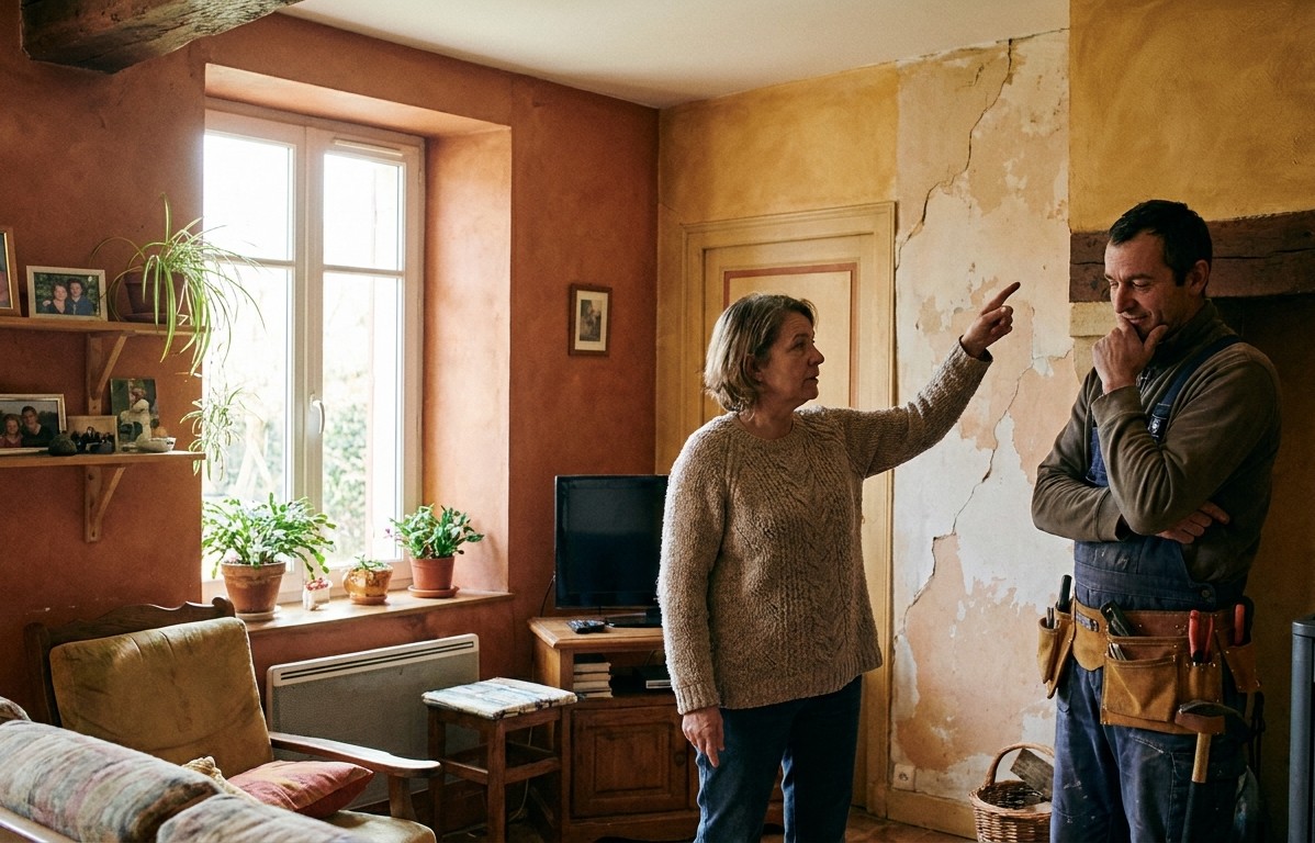 Une propriétaire montre à un artisan le mur fissuré de son salon à rénover