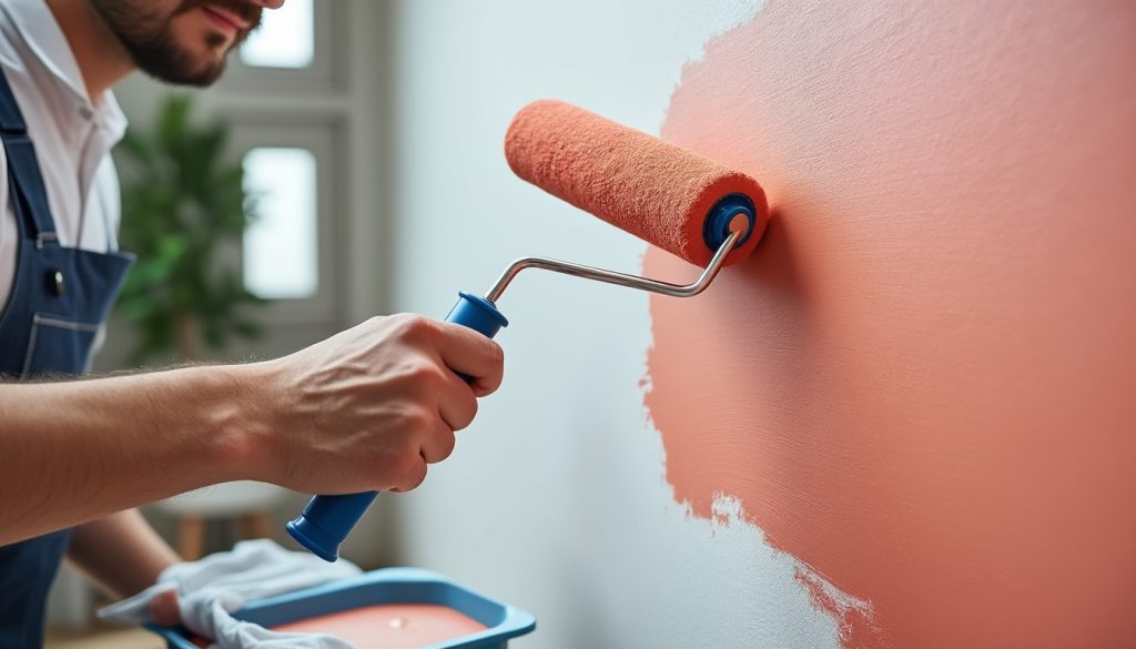 Rouleau appliquant une peinture terre cuite sur un mur blanc